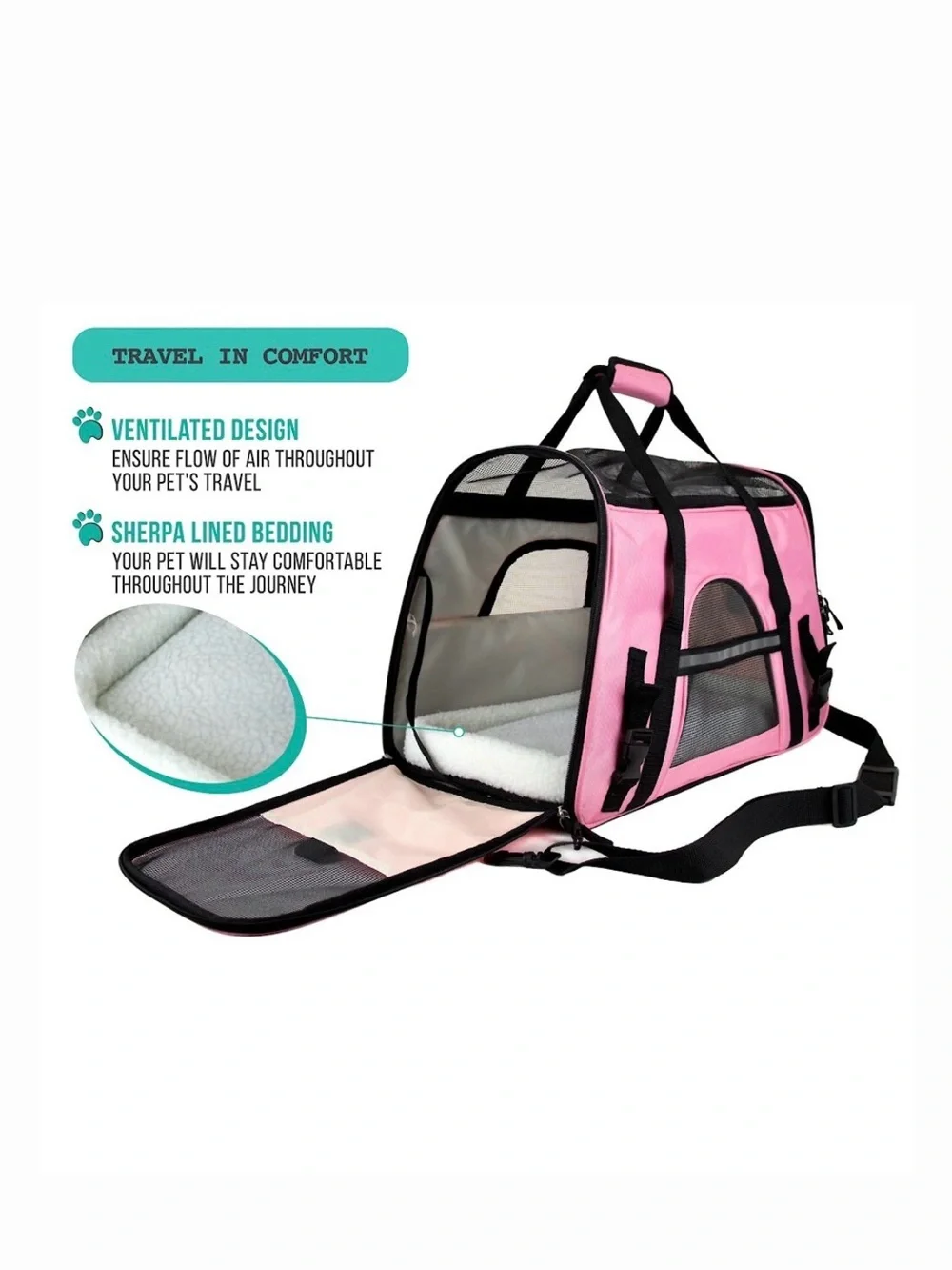 PetAmi Pink Small Pet Carrier Tote 11x17x10 with Travel Bowl
